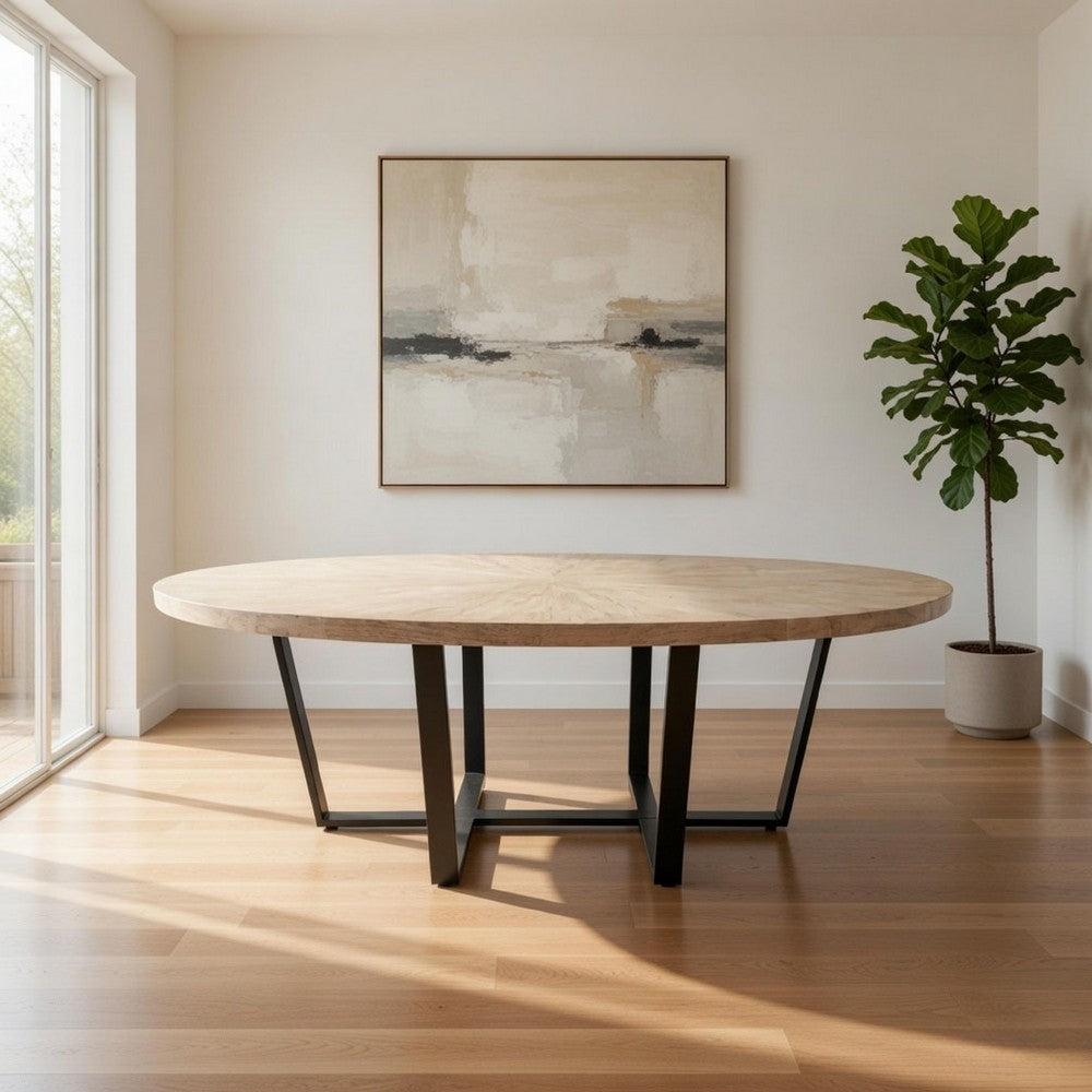 Raj 91 Inch Round Dining Table, Cross Legged Iron Frame, Cream White Wood By Casagear Home