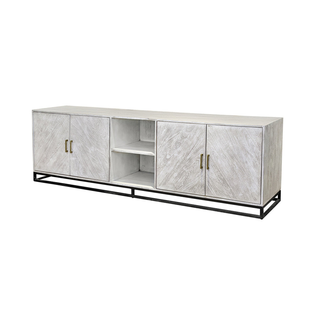 Jen 87 Inch Sideboard Cabinet Doors Shelves Black Iron Stand Cream Wood By Casagear Home BM311997