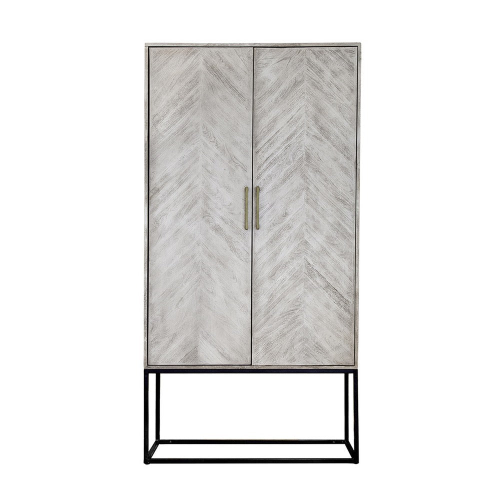 Jen 79 Inch Accent Cabinet Armoire Iron Stand Cream White Acacia Wood By Casagear Home BM311998