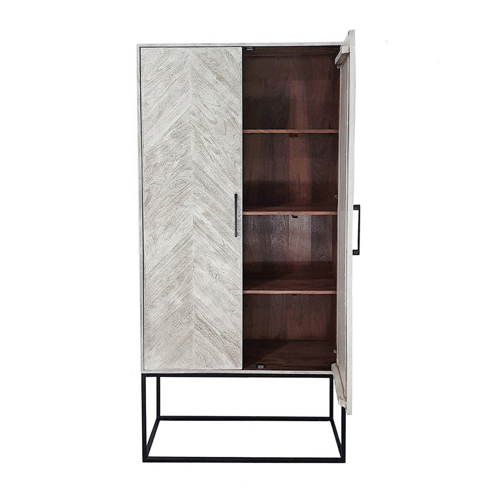 Jen 79 Inch Accent Cabinet Armoire Iron Stand Cream White Acacia Wood By Casagear Home BM311998