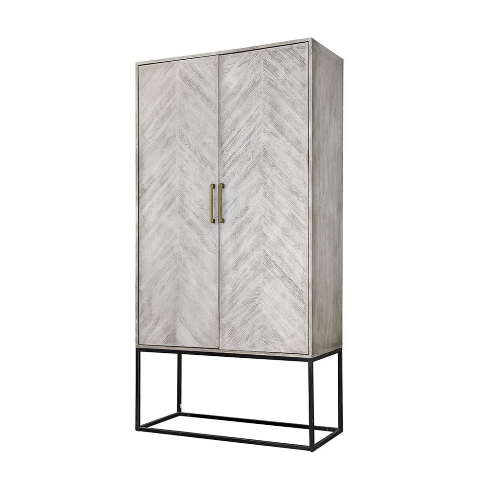 Jen 79 Inch Accent Cabinet Armoire Iron Stand Cream White Acacia Wood By Casagear Home BM311998