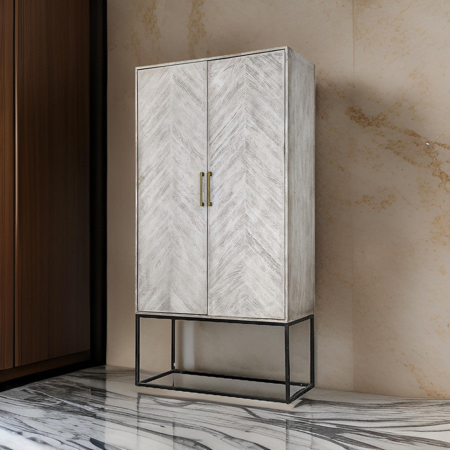 Jen 79 Inch Accent Cabinet Armoire, Iron Stand, Cream White Acacia Wood By Casagear Home