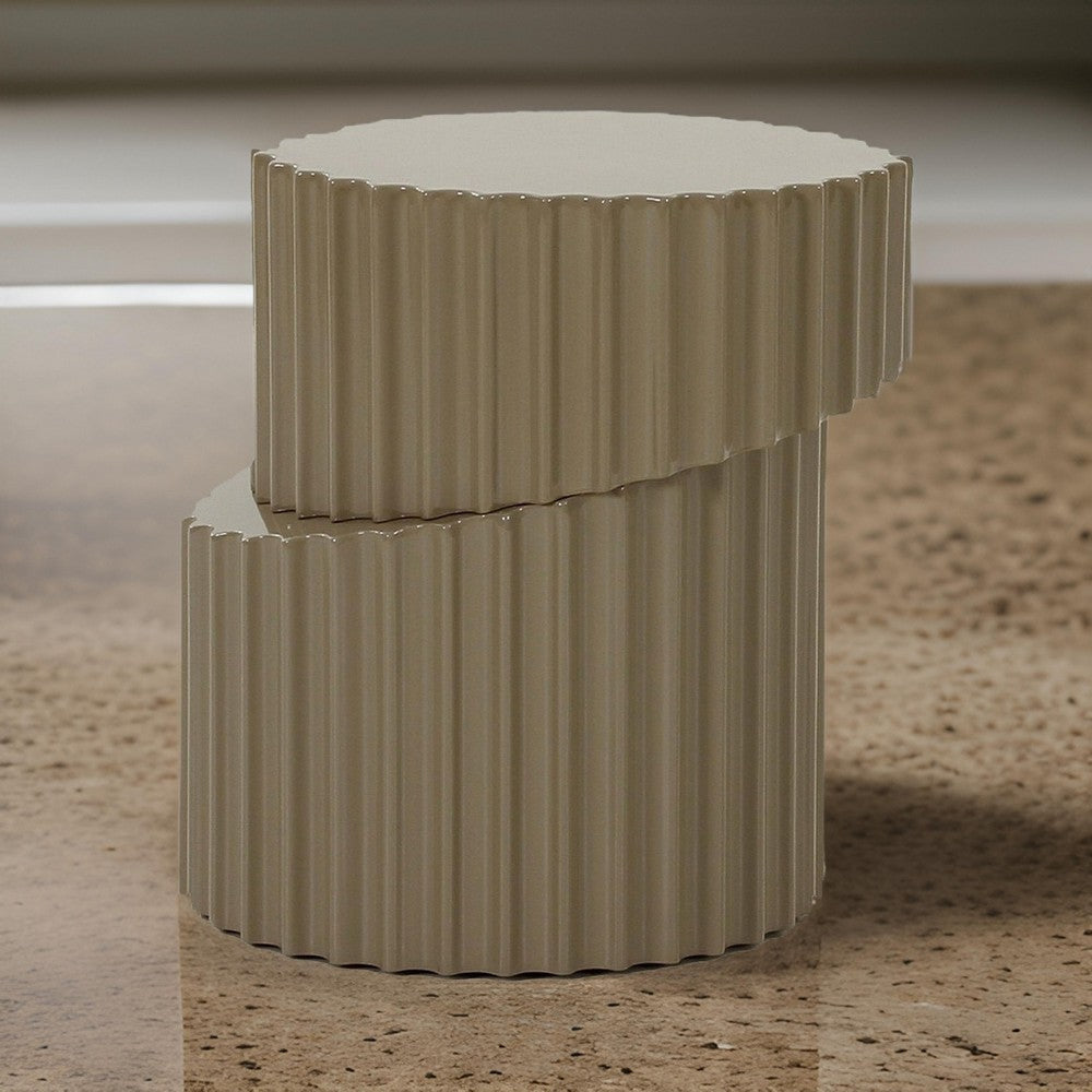 21 Inch End Table, Center Sliced Art Design, Fluted Details, Taupe Gray By Casagear Home