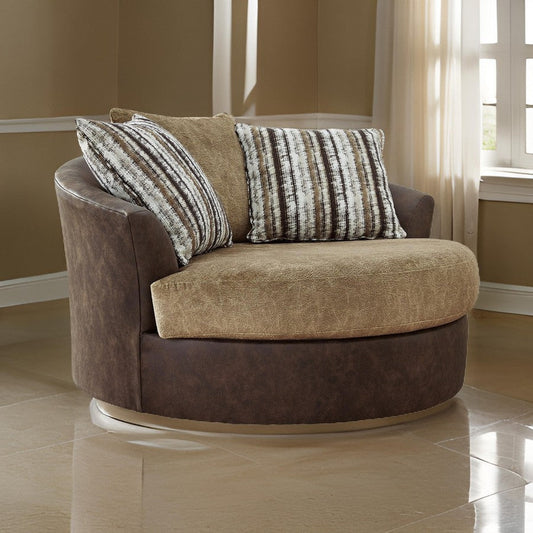 Ashley Srie 57" Swivel Chair, 3 Accent Pillows, Brown Faux Leather
