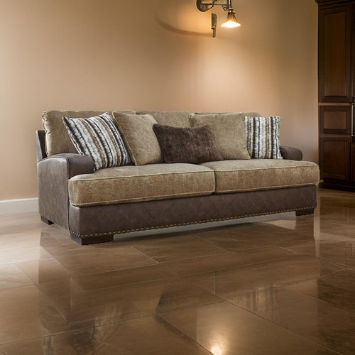 Ashley Srie 95" Sofa, 5 Accent Pillows, Nailhead Brown Faux Leather