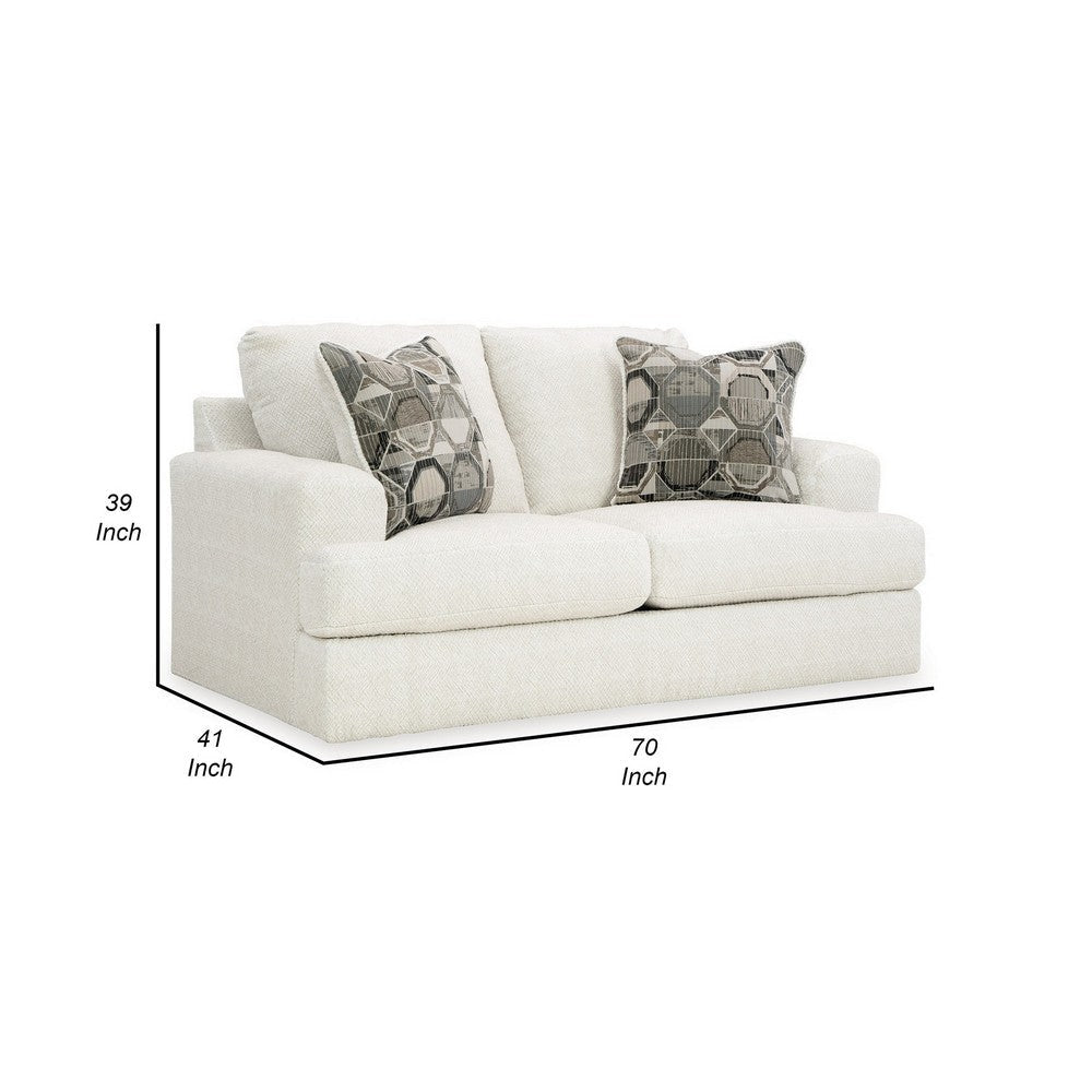 Henly 70 Inch Loveseat 2 Accent Pillows Oversized Soft White Polyester By Casagear Home BM312028