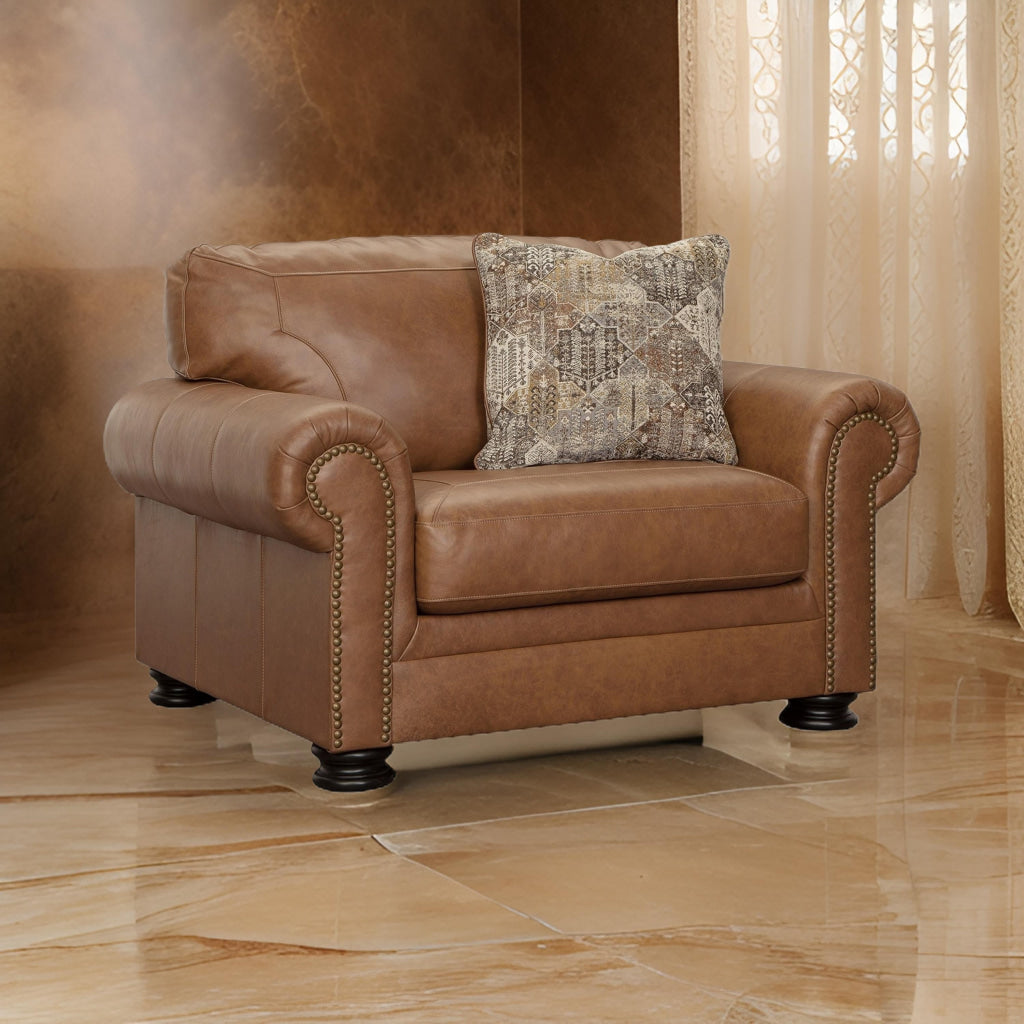 Riana 54 Inch Accent Chair with Pillow Oversized Caramel Brown Leather By Casagear Home BM312054