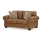 Riana 74 Inch Loveseat 2 Accent Pillows Caramel Brown Genuine Leather By Casagear Home BM312055