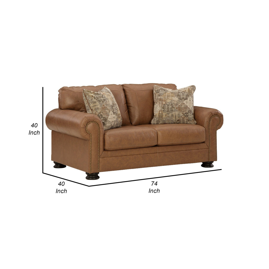 Riana 74 Inch Loveseat 2 Accent Pillows Caramel Brown Genuine Leather By Casagear Home BM312055