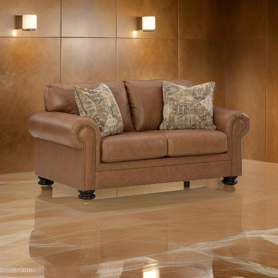 Riana 74 Inch Loveseat, 2 Accent Pillows, Caramel Brown Genuine Leather By Casagear Home