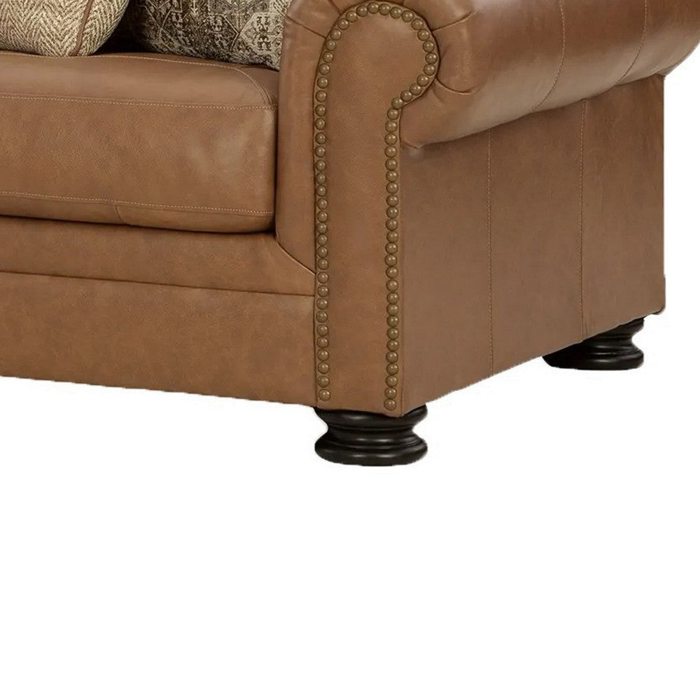 Riana 101 Inch Queen Sofa Sleeper 4 Accent Pillows Caramel Brown Leather By Casagear Home BM312057