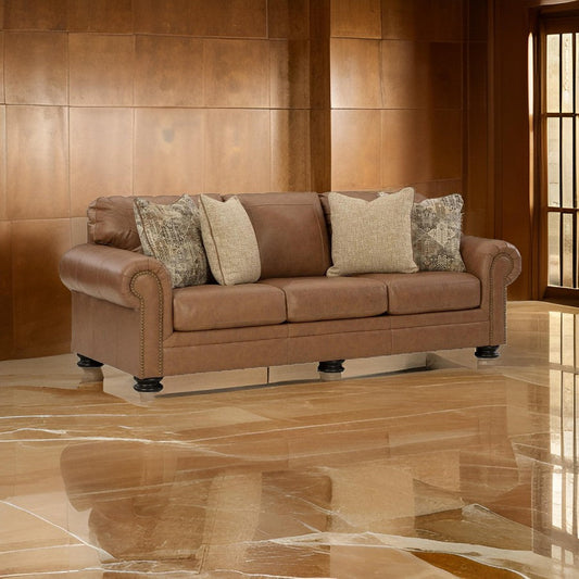 Riana 101 Inch Queen Sofa Sleeper, 4 Accent Pillows, Caramel Brown Leather By Casagear Home