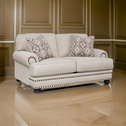 Moore 72 Inch Loveseat, 2 Accent Pillows, Nailhead Beige Chenille Polyester By Casagear Home