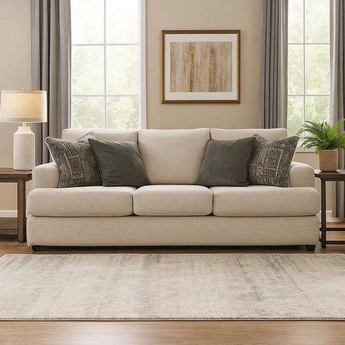 Ashley Tren 96" Queen Sleeper Sofa, 4 Pillows, Beige Polyester