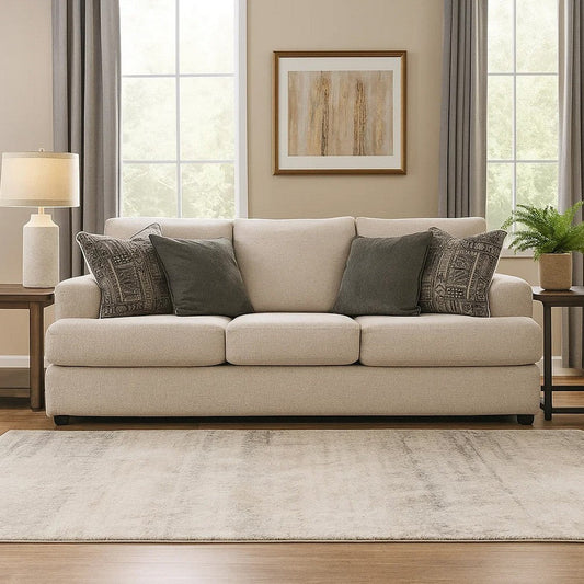 Ashley Tren 96" Queen Sleeper Sofa, 4 Pillows, Beige Polyester