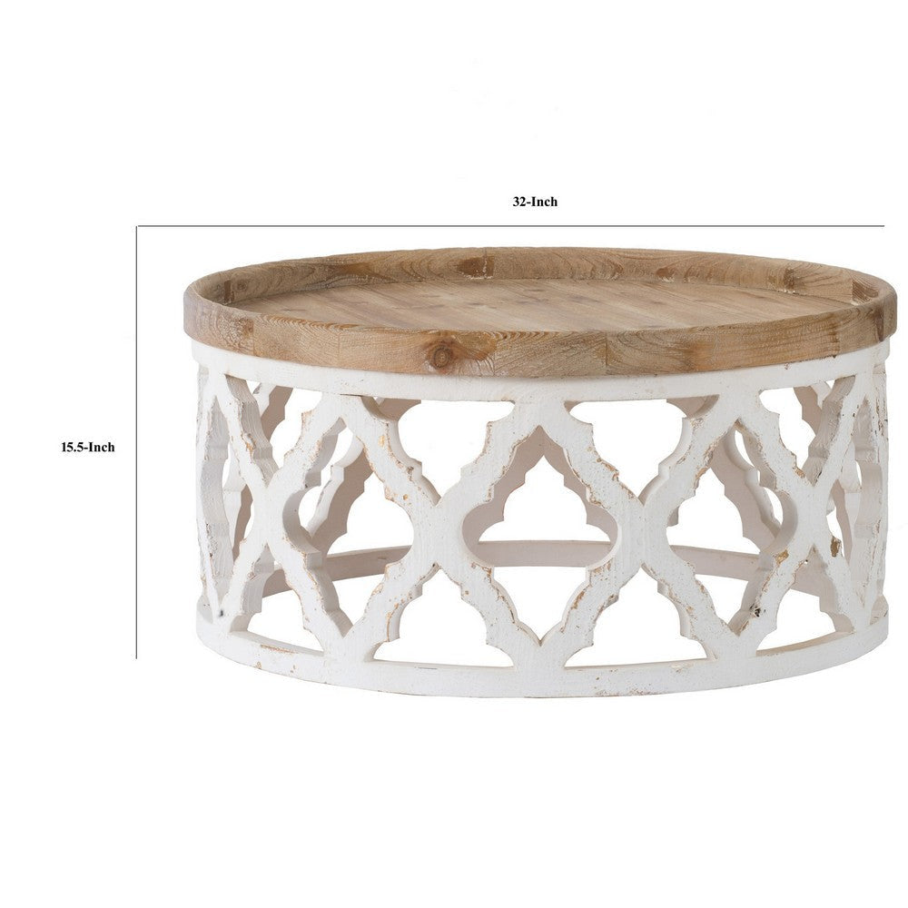 32 Inch Coffee Table Carved Wood Round Tray Top Brown and White Finish By Casagear Home BM312080