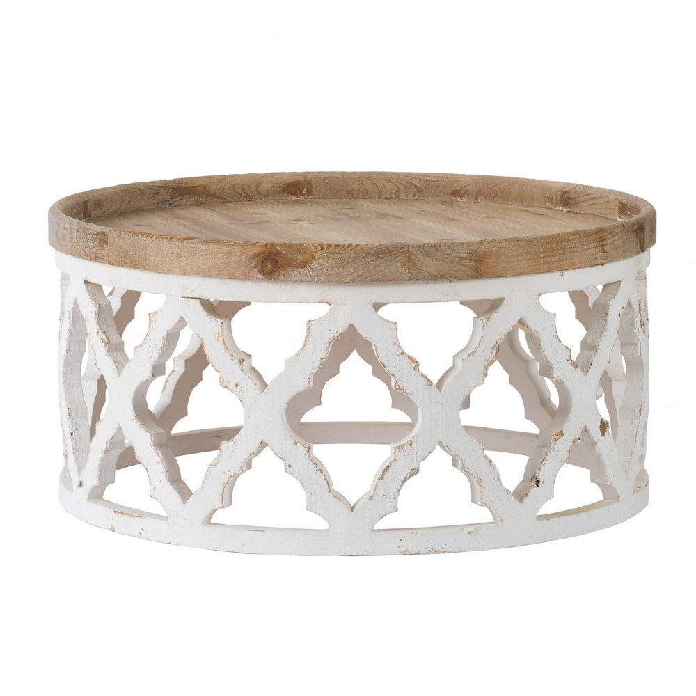 32 Inch Coffee Table Carved Wood Round Tray Top Brown and White Finish By Casagear Home BM312080