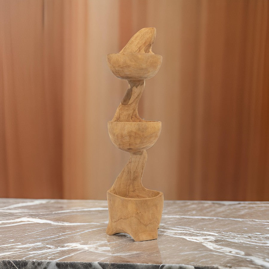 Jion 28 Inch Display Shelves, 3 Tiers, Unique Accent in Teak Wood, Brown By Casagear Home