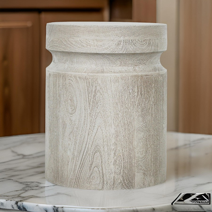 Kiv 18 Inch Side End Table, Round Mango Wood Top, Carved Accent Base, Gray By Casagear Home