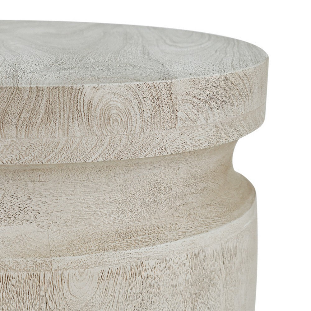 Kiv 24 Inch Side End Table Round Mango Wood Top Carved Accent Base Cream BM312086