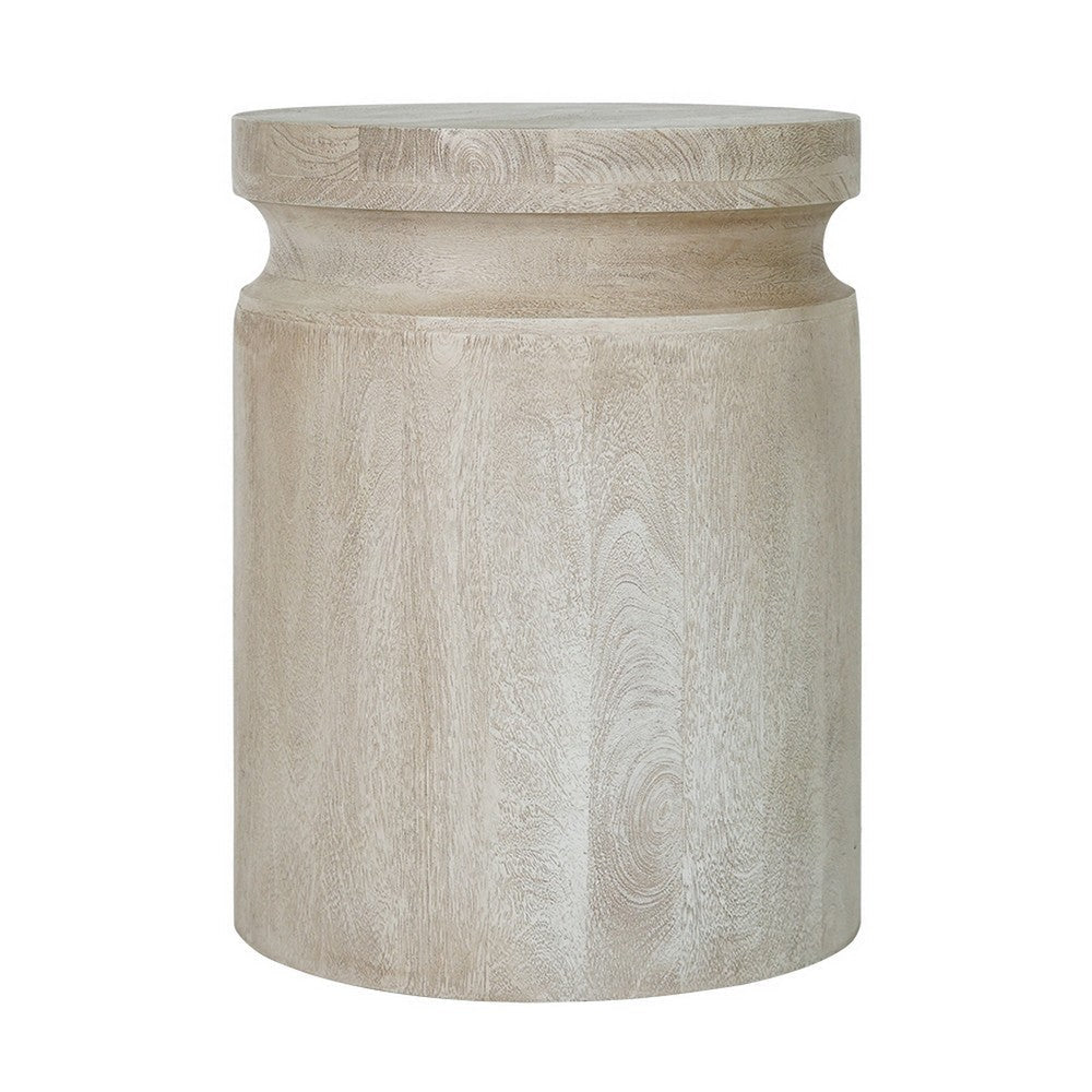 Kiv 24 Inch Side End Table Round Mango Wood Top Carved Accent Base Cream BM312086