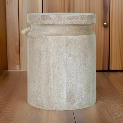 Kiv 24 Inch Side End Table, Round Mango Wood Top, Carved Accent Base, Cream