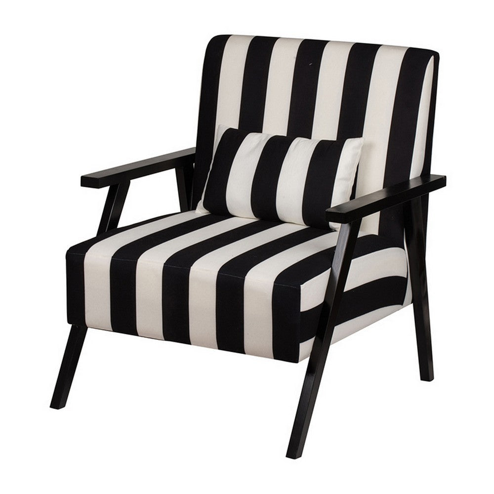 32 Inch Accent Armchair with Throw Pillow Black White Polyester Stripes By Casagear Home BM312088