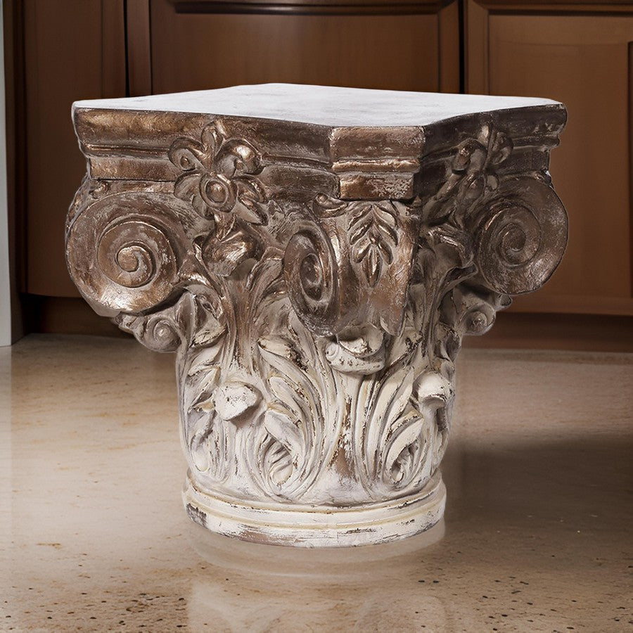 18 Inch Corinthian Cap Pedestal, 2 Tone Gold and White Finished Magnesium By Casagear Home
