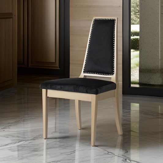 23 Inch Side Dining Chair, Black Soft Velvet Upholstery, Beige Rubberwood By Casagear Home