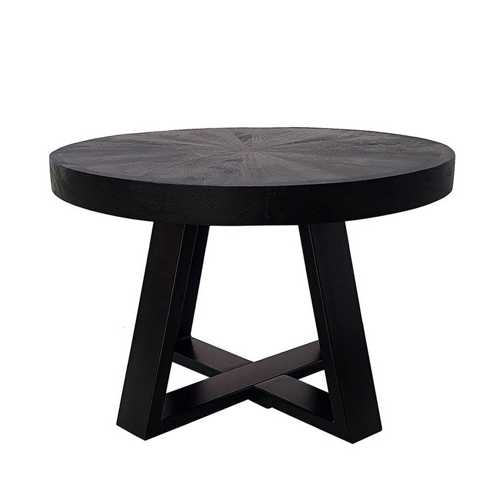 Raj 24 Inch Round Coffee Table Cross Leg Design Black Acacia Wood Iron By Casagear Home BM312091