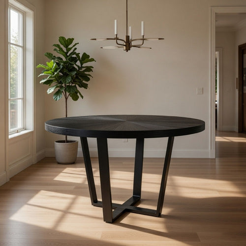 Raj 47 Inch Round Dining Table, Cross Legs Design, Black Acacia Wood, Iron By Casagear Home