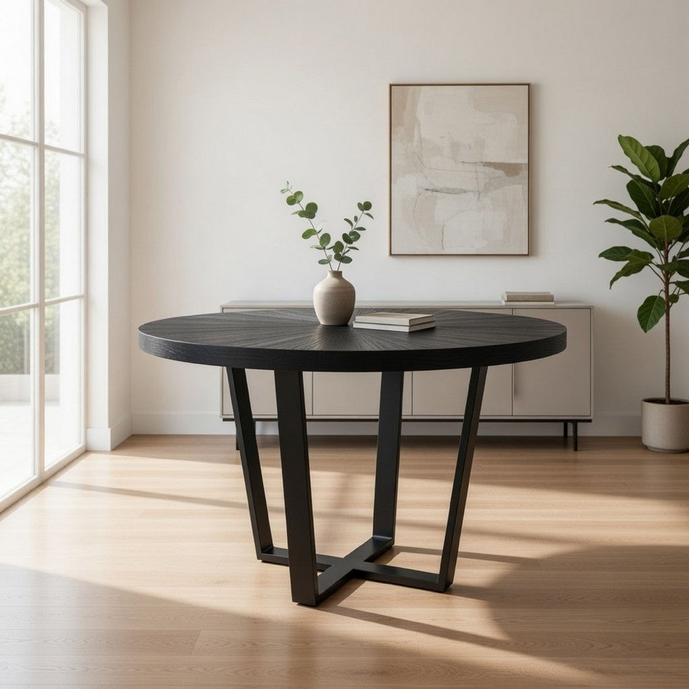 Raj 47 Inch Round Dining Table, Cross Legs Design, Black Acacia Wood, Iron By Casagear Home