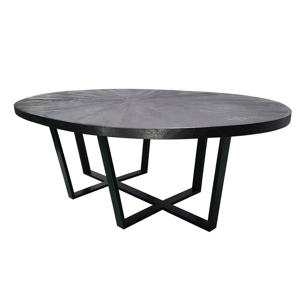 Raj 91 Inch Round Dining Table Cross Legs Design Black Acacia Wood Iron By Casagear Home BM312095