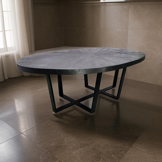 Raj 91 Inch Round Dining Table, Cross Legs Design, Black Acacia Wood, Iron By Casagear Home