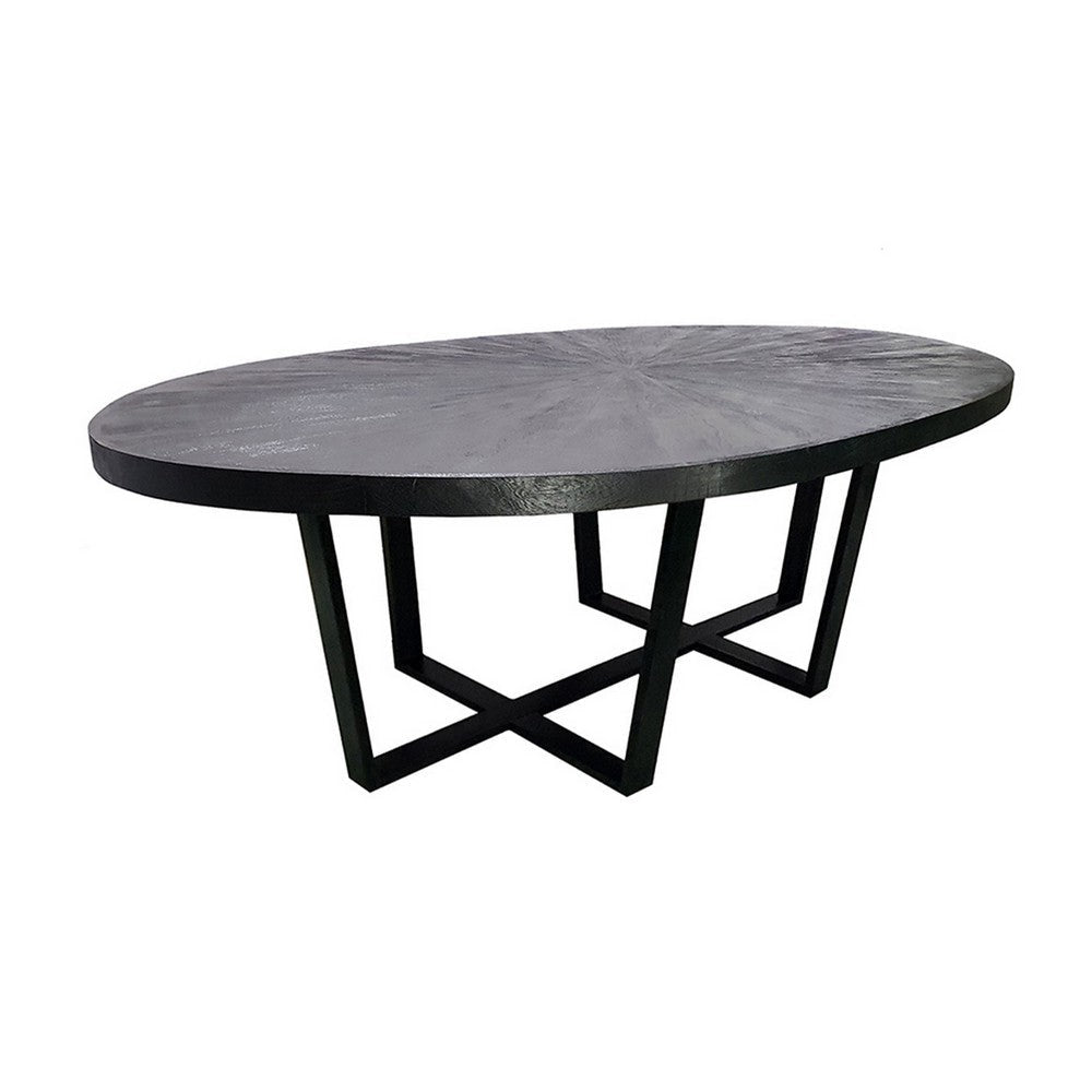 Raj 91 Inch Round Dining Table, Cross Legs Design, Black Acacia Wood, Iron By Casagear Home