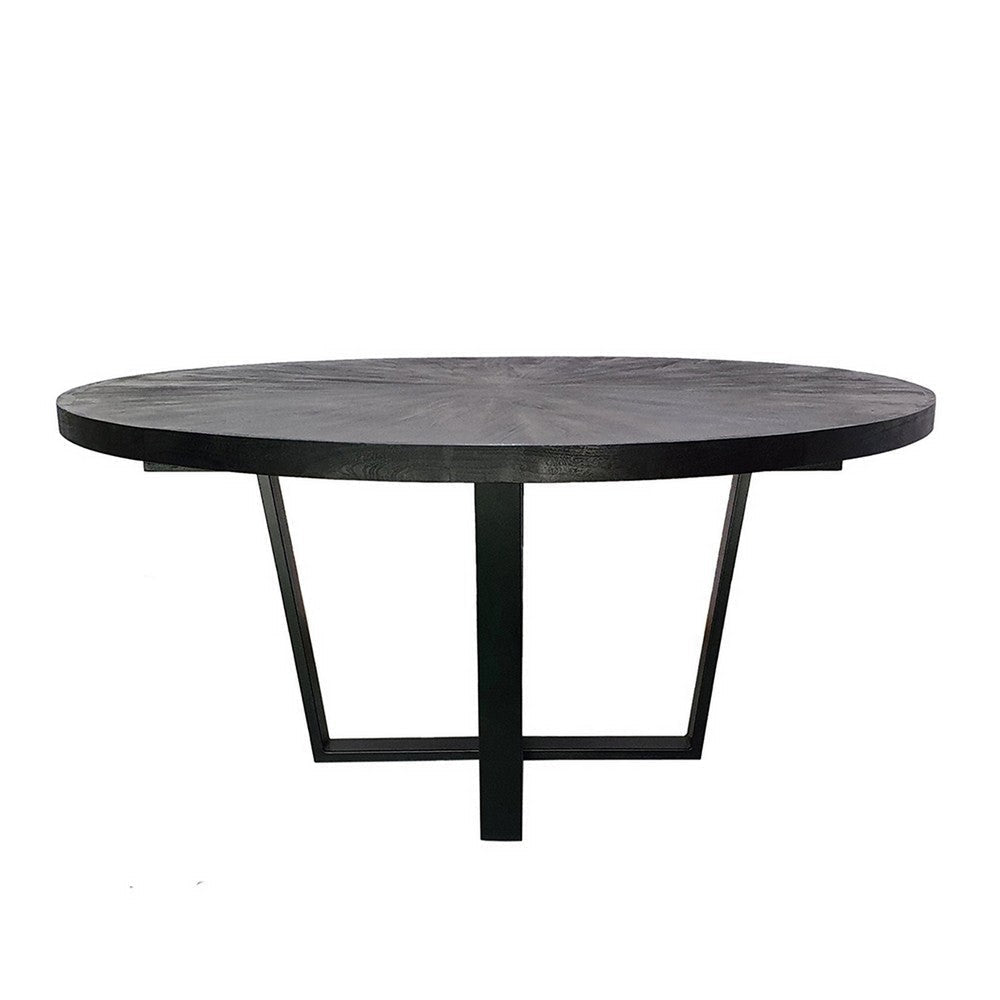 Raj 63 Inch Round Dining Table Cross Legs Design Black Acacia Wood Iron By Casagear Home BM312096