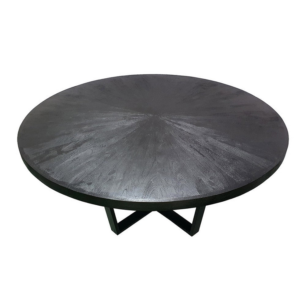 Raj 63 Inch Round Dining Table Cross Legs Design Black Acacia Wood Iron By Casagear Home BM312096