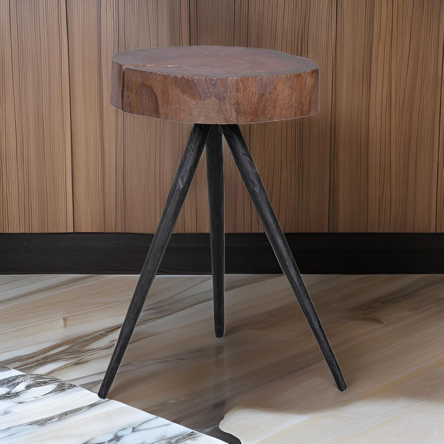 24 Inch Side End Table, Round Mango Wood Brown Tree Top, Black Metal Tripod By Casagear Home