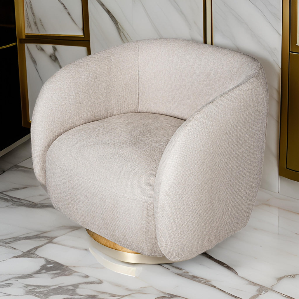 Eros 35 Inch Swivel Accent Chair Plush White Fabric Upholstery Gold Base By Casagear Home BM312107