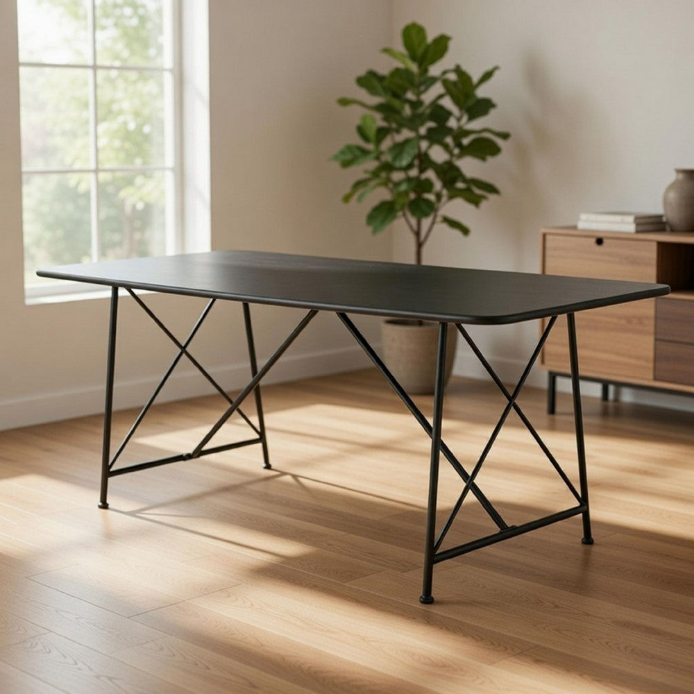 79 Inch Dining Table, Black Rectangular Top, Sleek X Shaped Iron Legs By Casagear Home