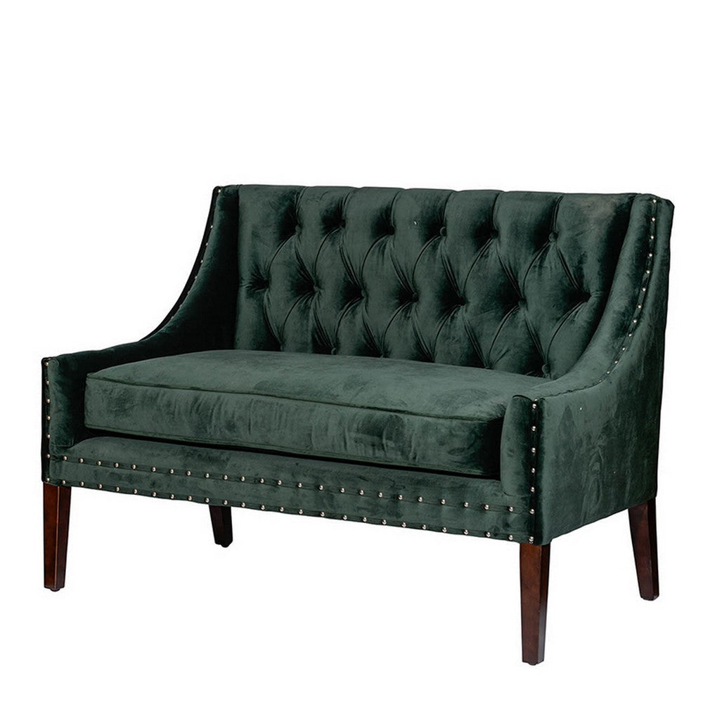 52 Inch Loveseat Settee, Tufted Backrest, Emerald Green Linen, Rubberwood By Casagear Home