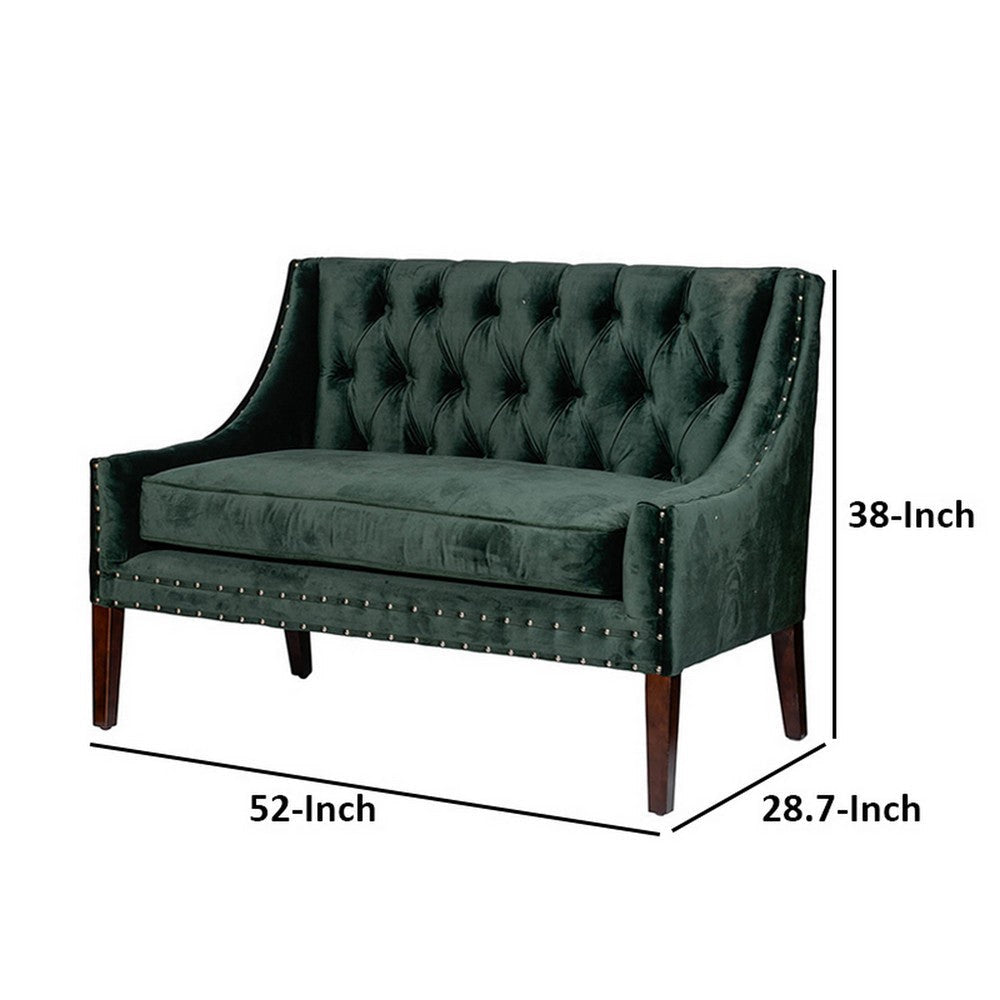 52 Inch Loveseat Settee Tufted Backrest Emerald Green Linen Rubberwood By Casagear Home BM312111