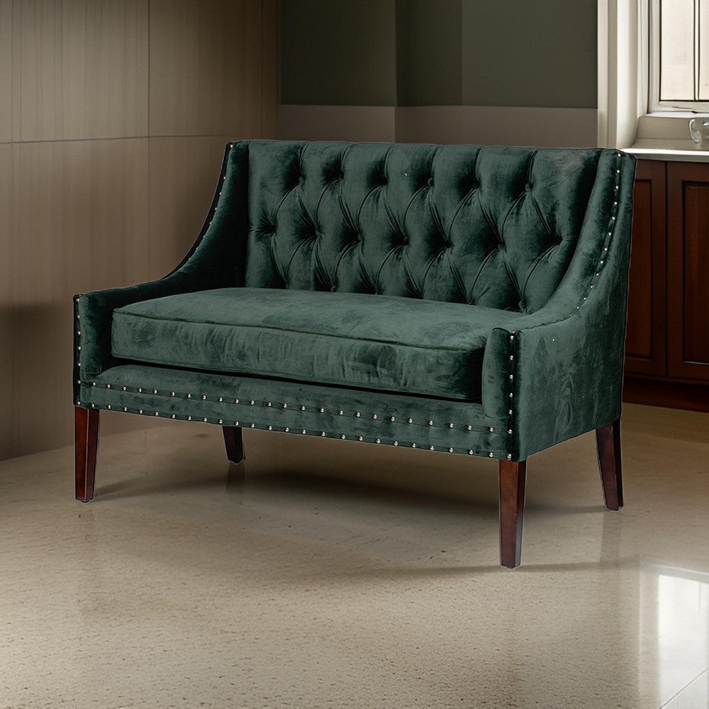 52 Inch Loveseat Settee, Tufted Backrest, Emerald Green Linen, Rubberwood By Casagear Home