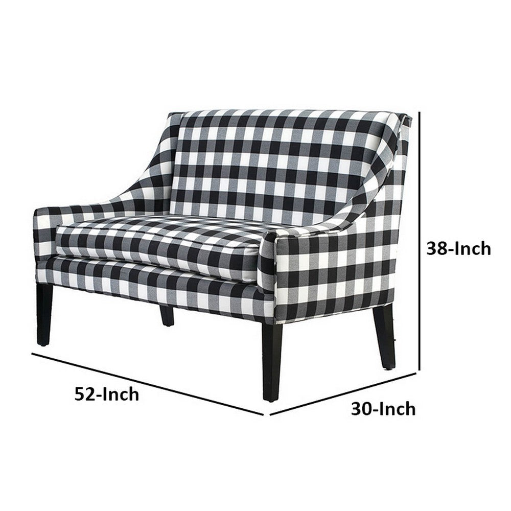 52 Inch Loveseat Settee Black and White Plaid Gingham Linen Plush Foam By Casagear Home BM312112