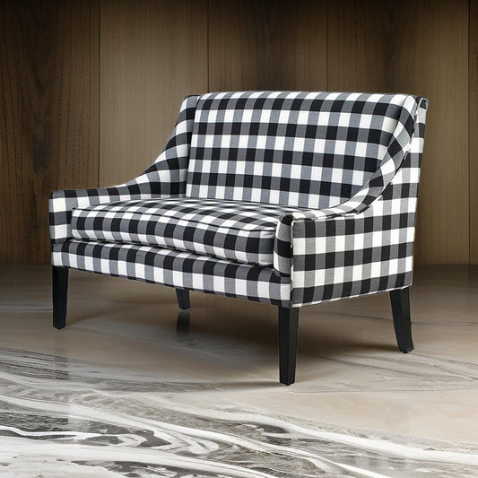 52 Inch Loveseat Settee, Black and White Plaid Gingham Linen, Plush Foam By Casagear Home
