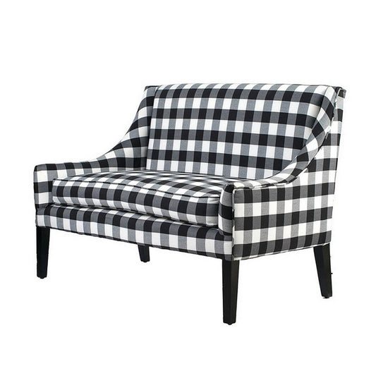 52 Inch Loveseat Settee, Black and White Plaid Gingham Linen, Plush Foam By Casagear Home