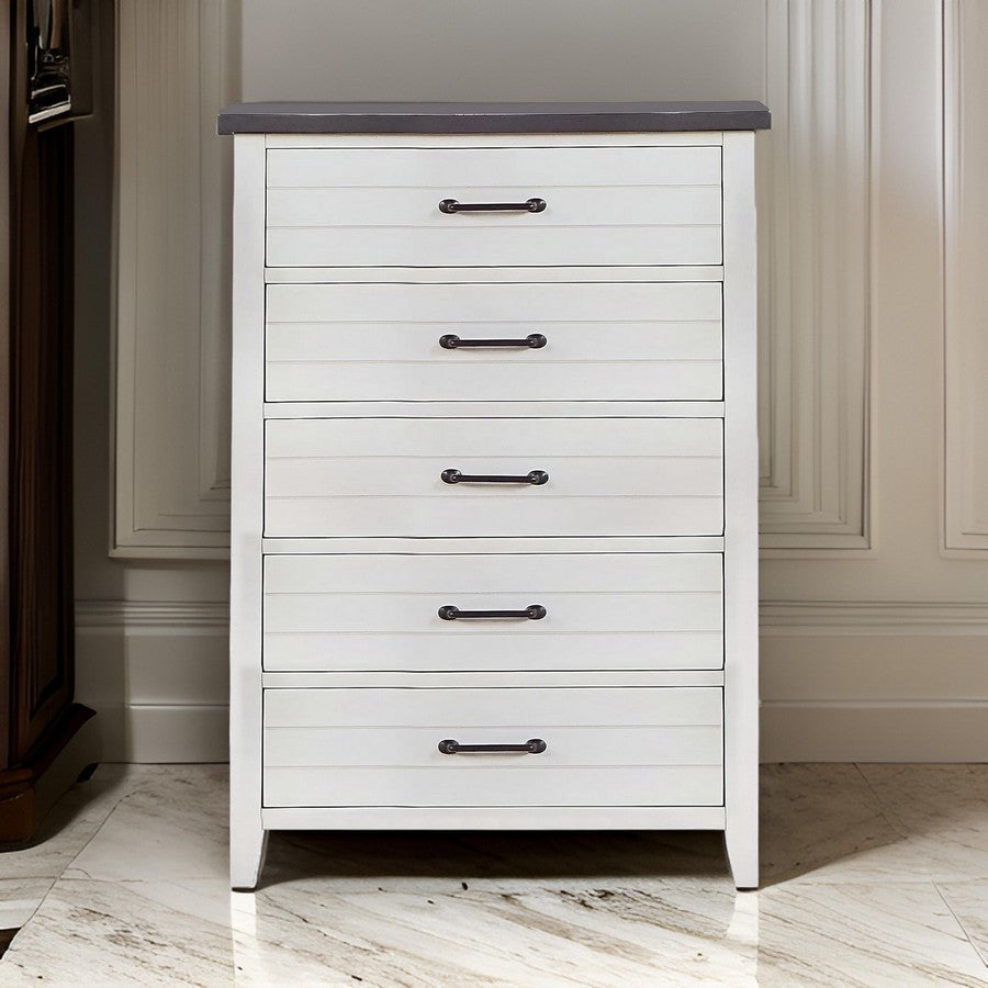 Akira 42 Inch Tall Dresser Chest, 5 Drawers, White Solid Wood, Gray Top By Casagear Home