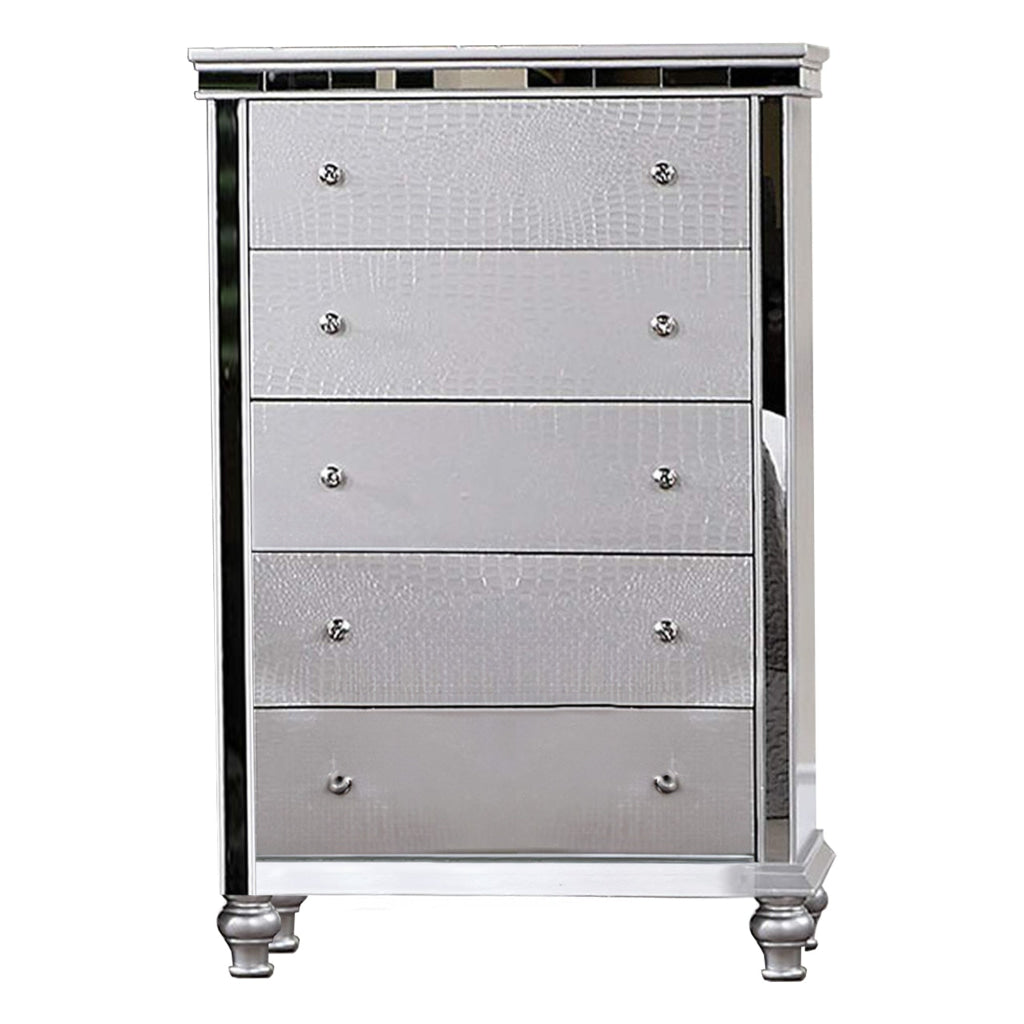 Carlos 52 Inch Tall Dresser Chest Faux Crocodile 5 Drawer Silver Mirror By Casagear Home BM312119