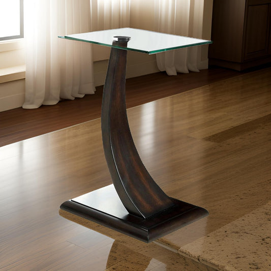 24 Inch Side Table, Curved Panel Base Design, Glass, Dark Brown Wood Finish By Casagear Home