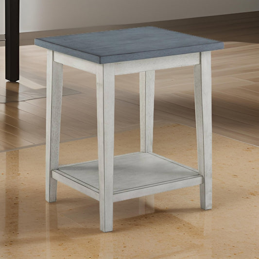 Eleni 24 Inch Side Table, Square Bottom Shelf, Antique White and Blue Wood By Casagear Home